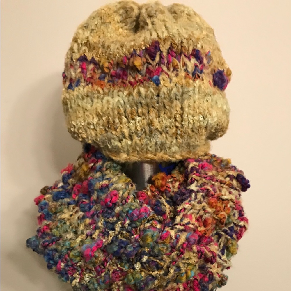 Hand knit hat/infinity scarf set.